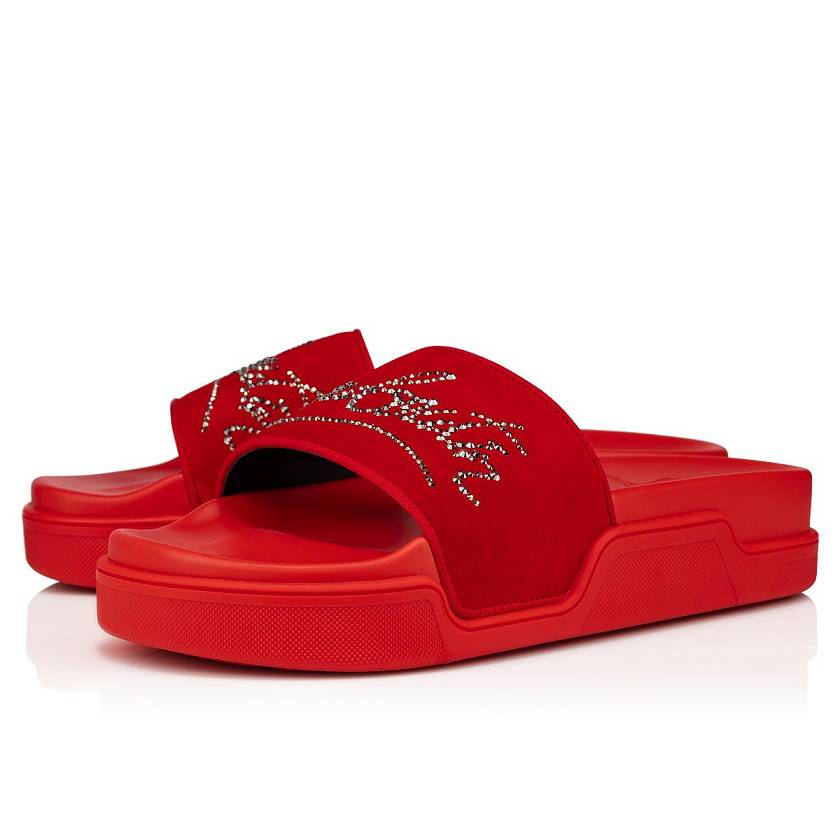 Men's Christian Louboutin Navy Pool Strass Suede Slides - Red [2190-637]